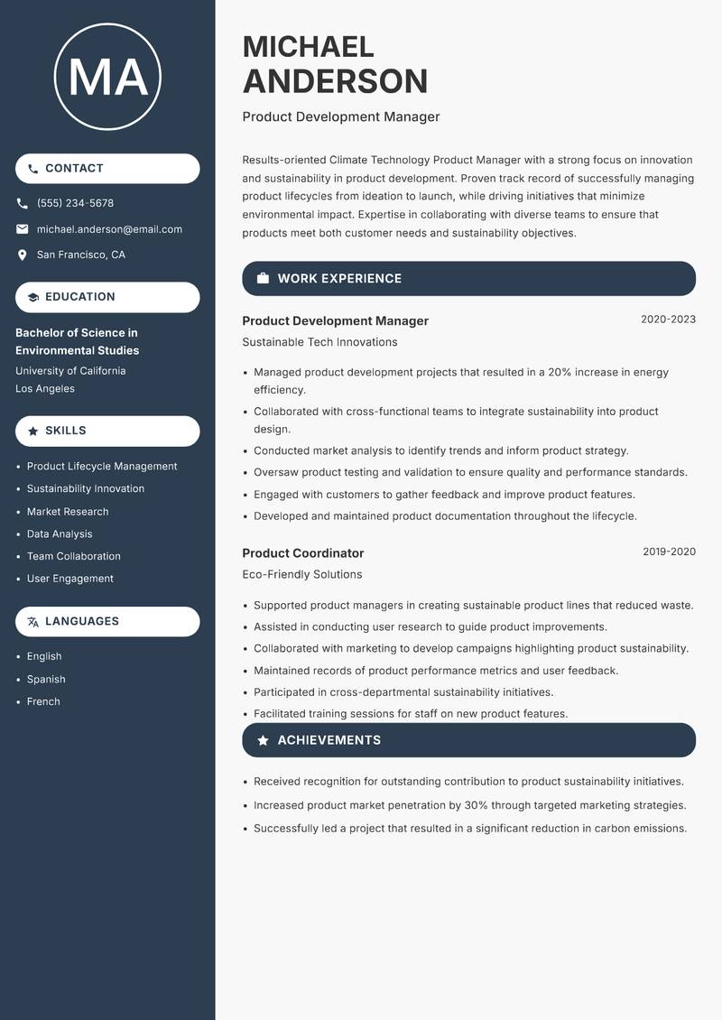 Climate Technology Product Manager Resume Preview Example