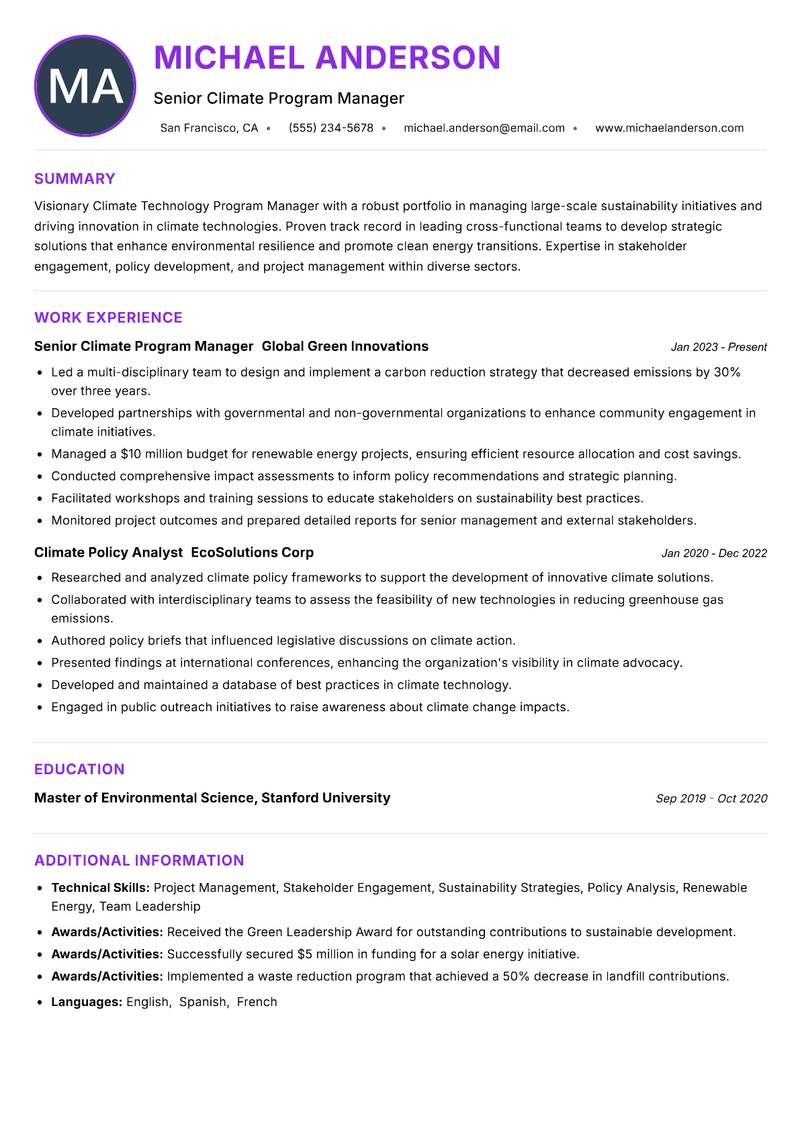Climate Technology Program Manager Resume Preview Example