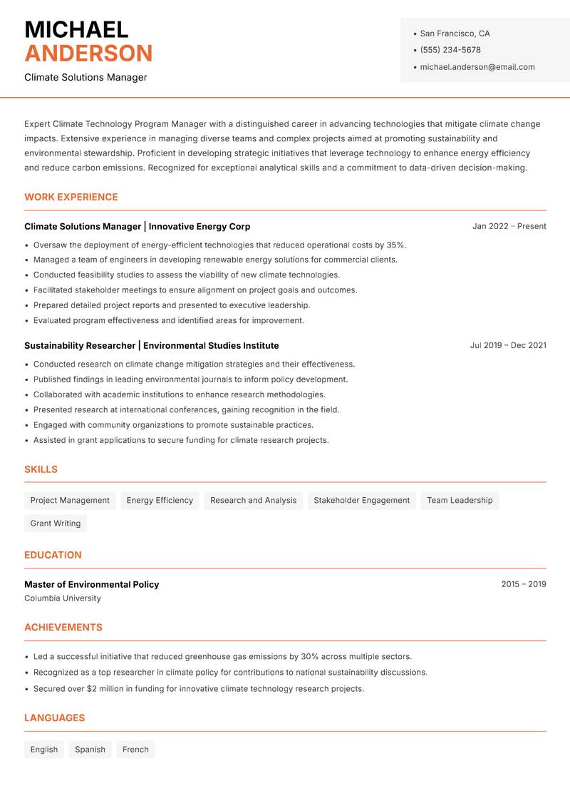 Climate Technology Program Manager Resume Template