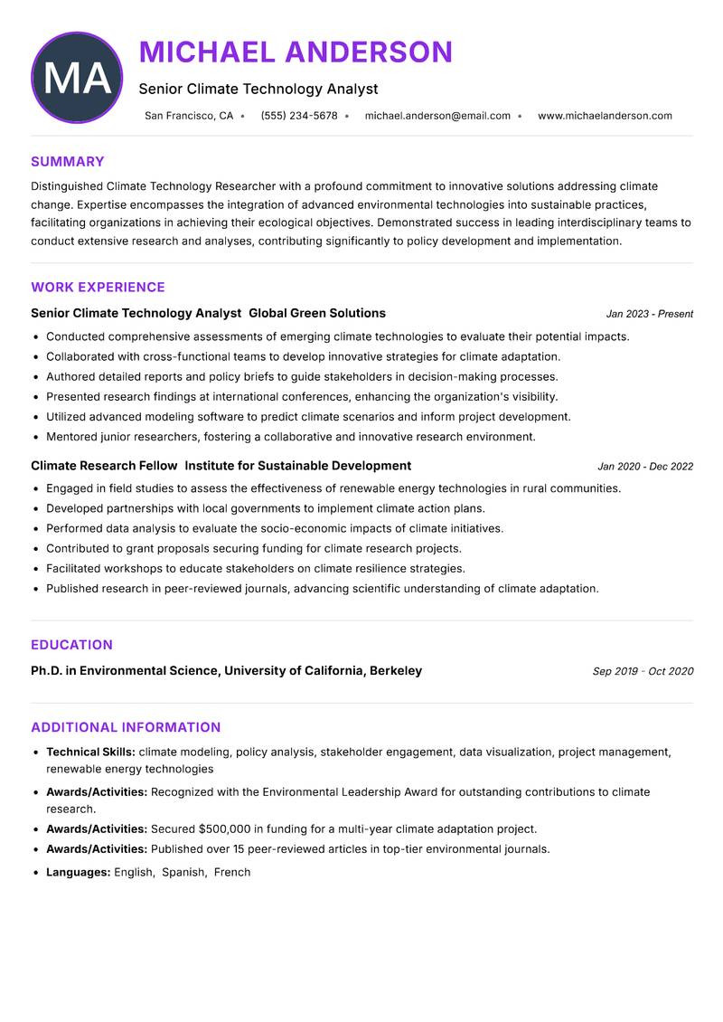 Climate Technology Researcher Resume Preview Example