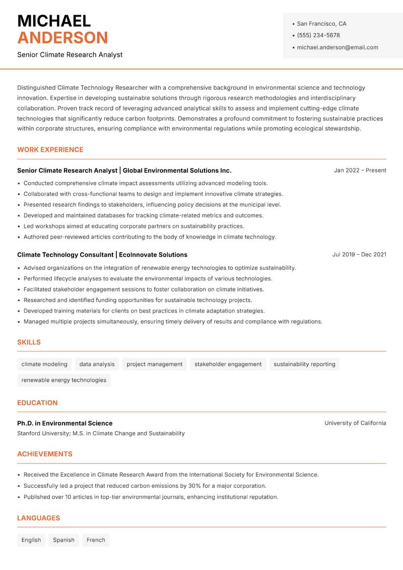 Climate Technology Researcher Resume Template