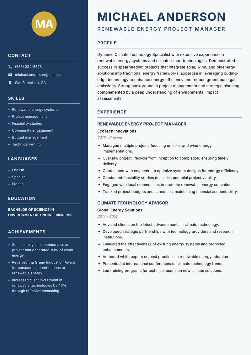 Climate Technology Specialist Resume Preview Example