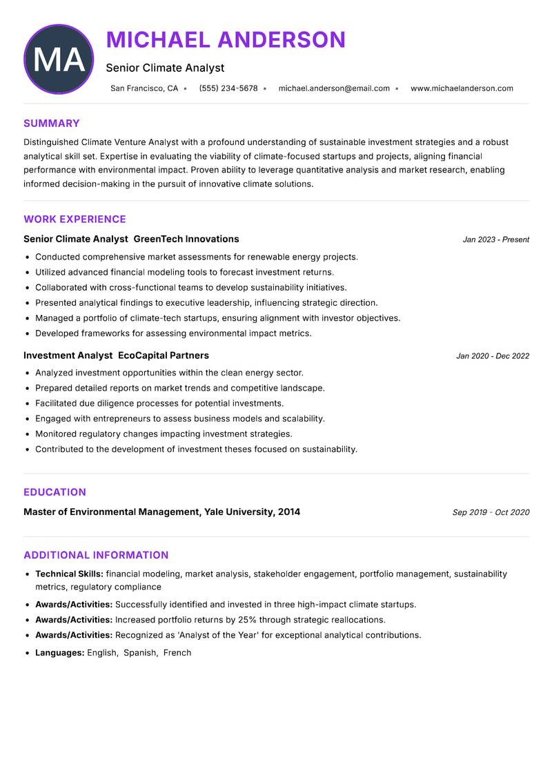 Climate Venture Analyst Resume Preview Example