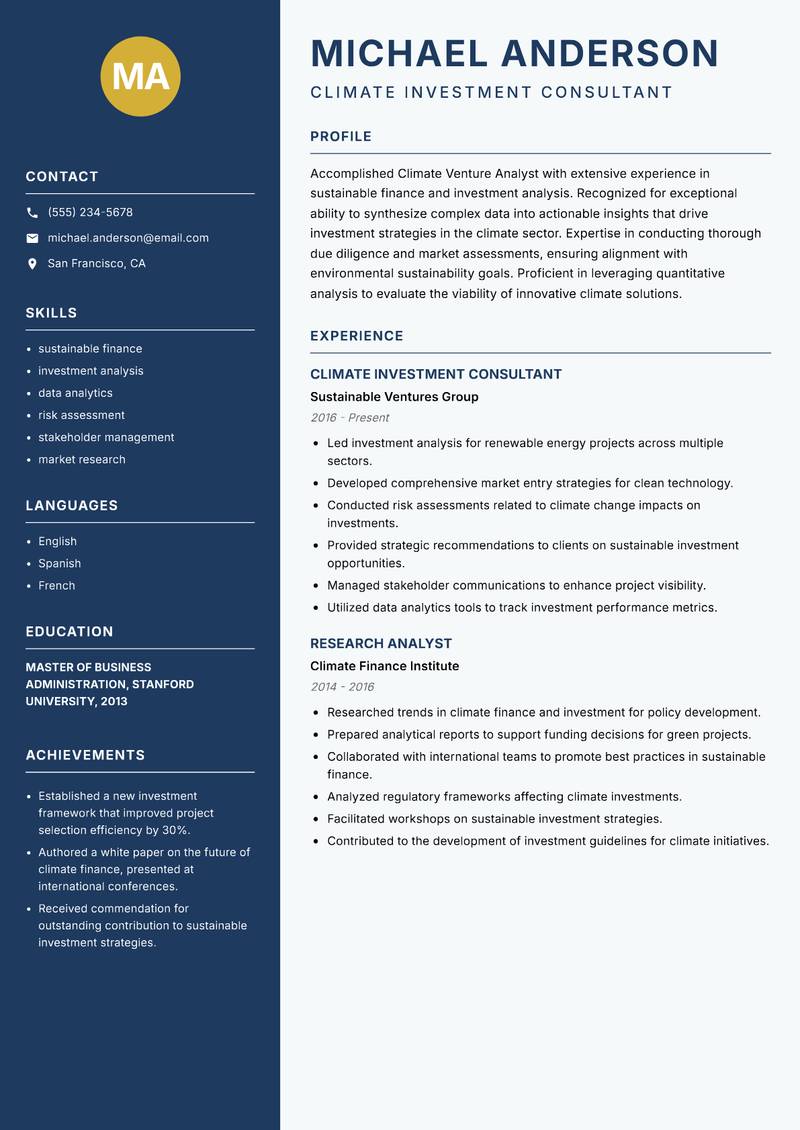 Climate Venture Analyst Resume Preview Example