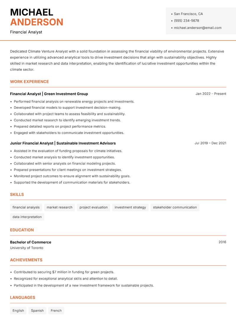 Climate Venture Analyst Resume Template