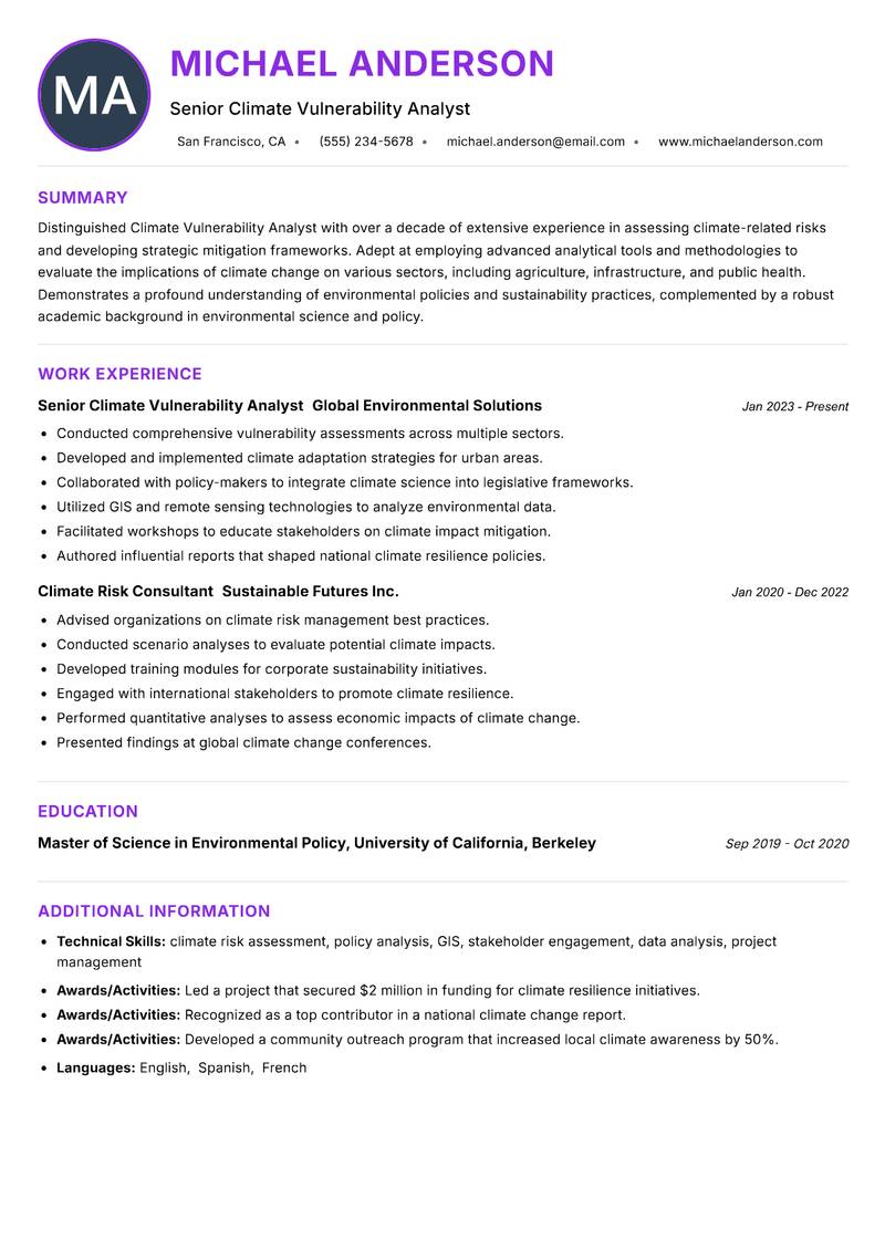Climate Vulnerability Analyst Resume Preview Example