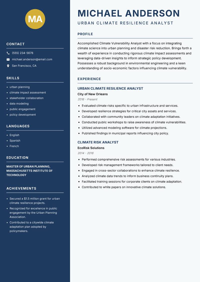 Climate Vulnerability Analyst Resume Preview Example