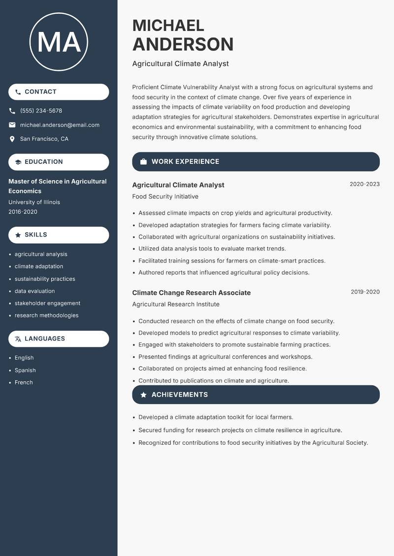Climate Vulnerability Analyst Resume Preview Example
