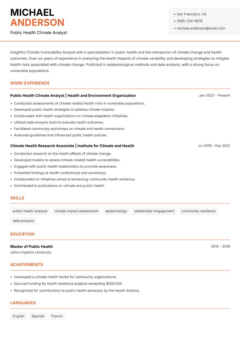 Climate Vulnerability Analyst Resume Template