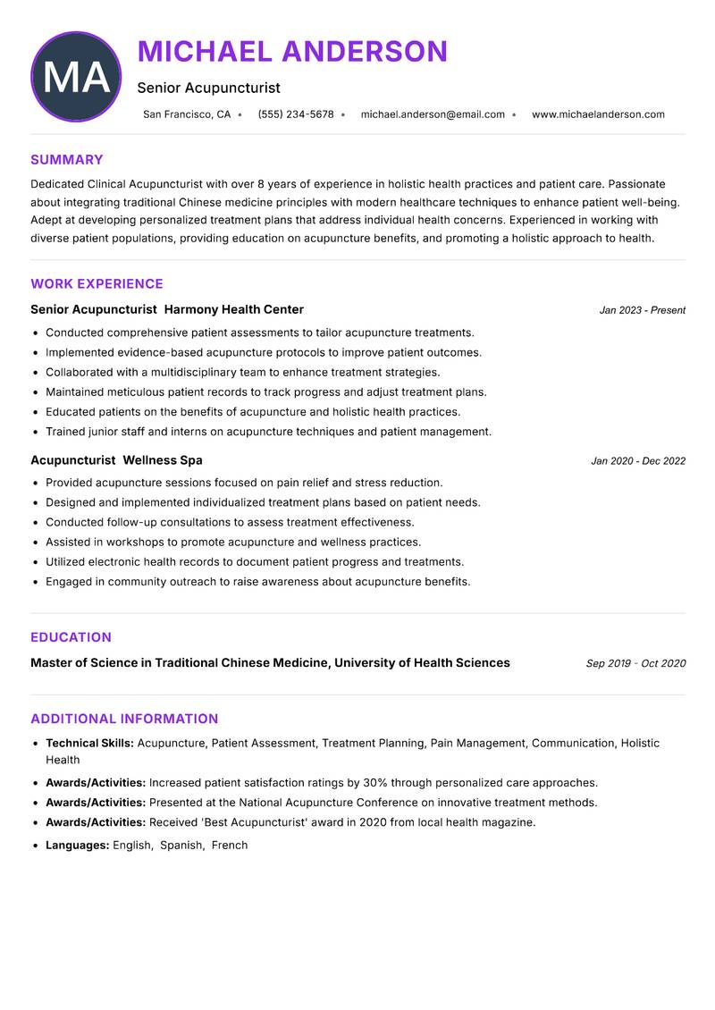 Clinical Acupuncturist Resume Preview Example
