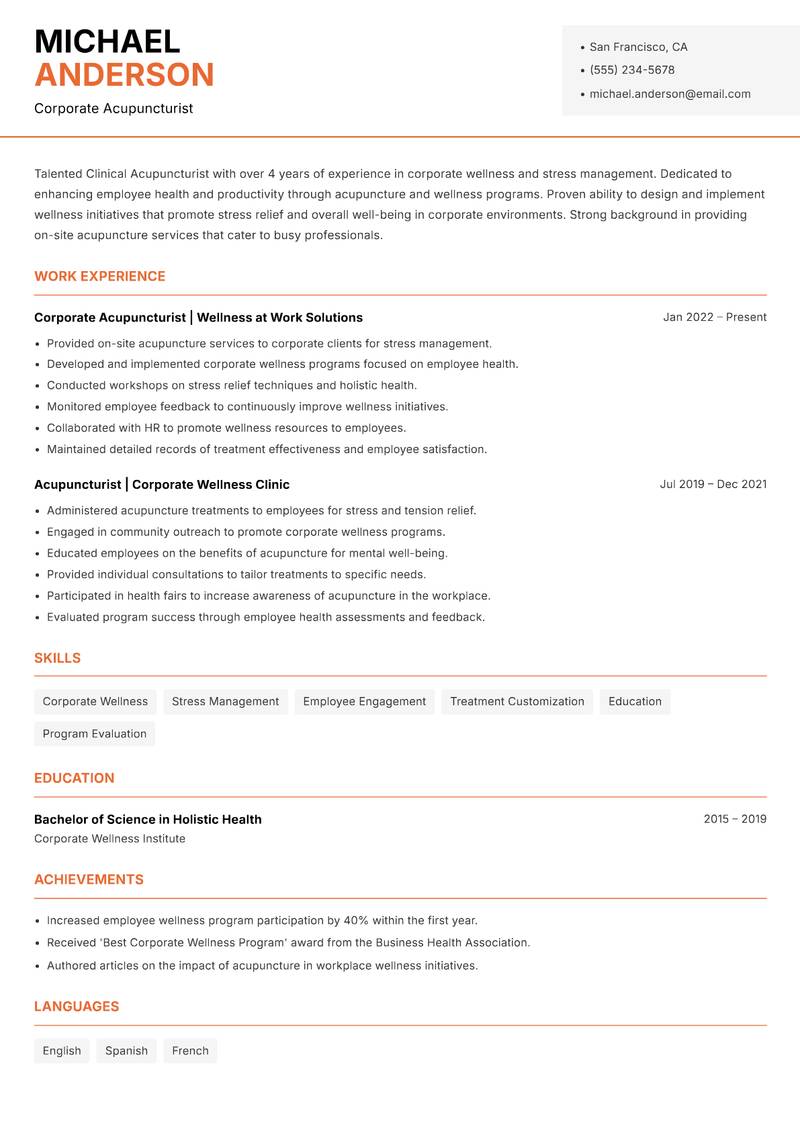 Clinical Acupuncturist Resume Template