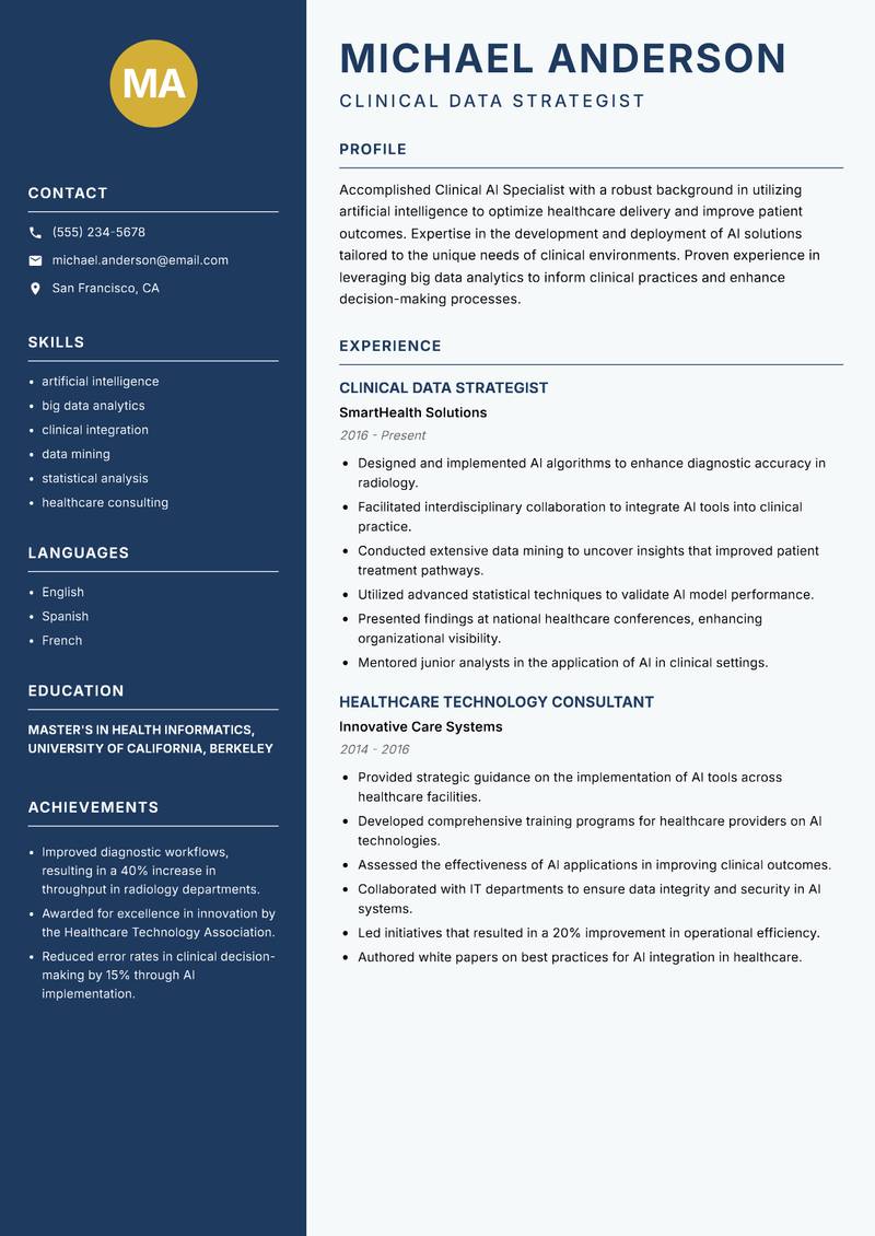 Clinical AI Specialist Resume Preview Example