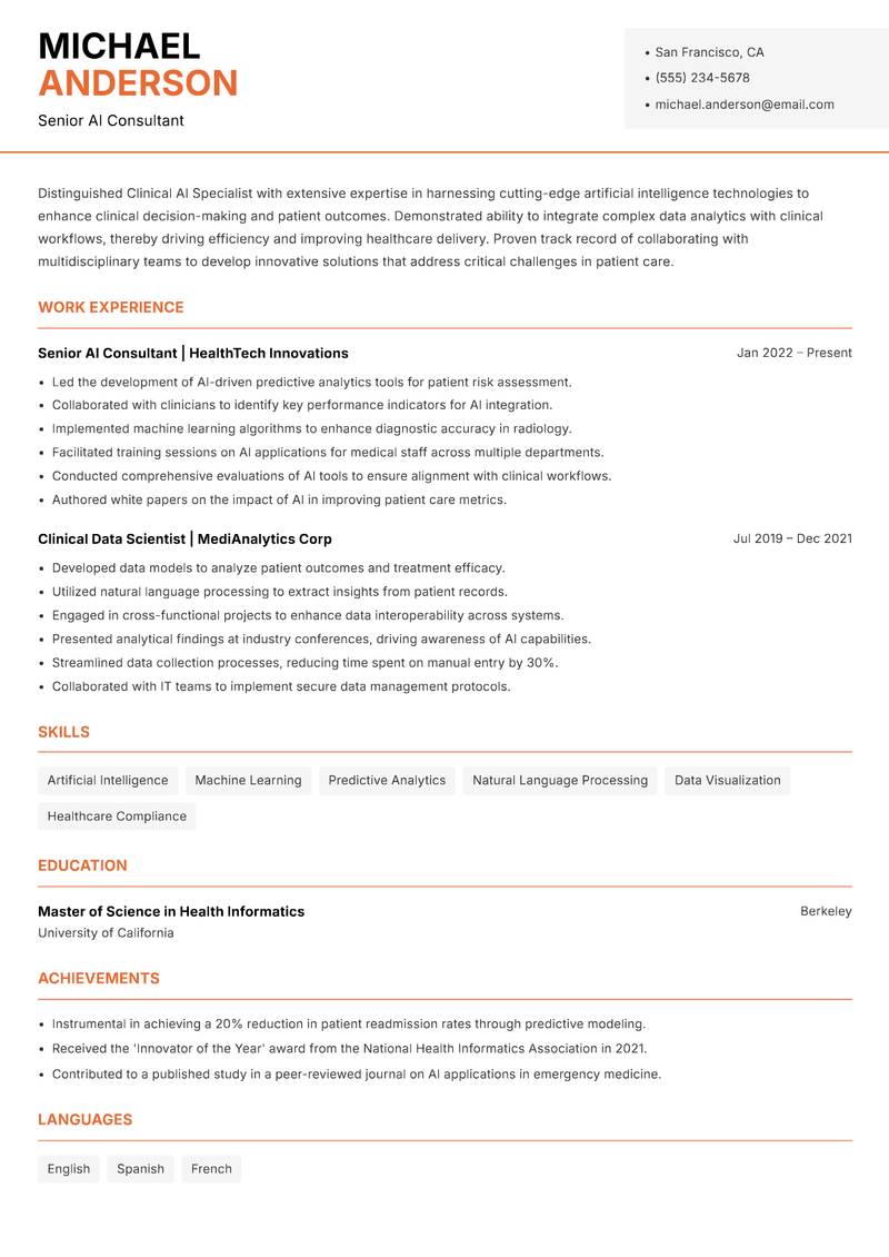 Clinical AI Specialist Resume Template
