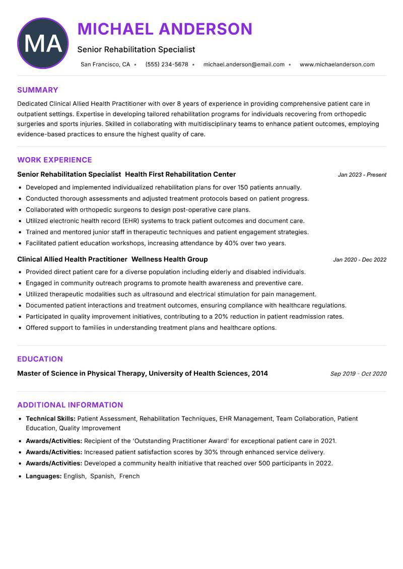 Clinical Allied Health Practitioner Resume Preview Example