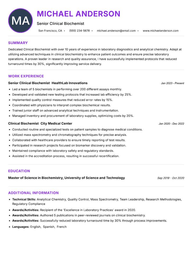 Clinical Biochemist Resume Preview Example