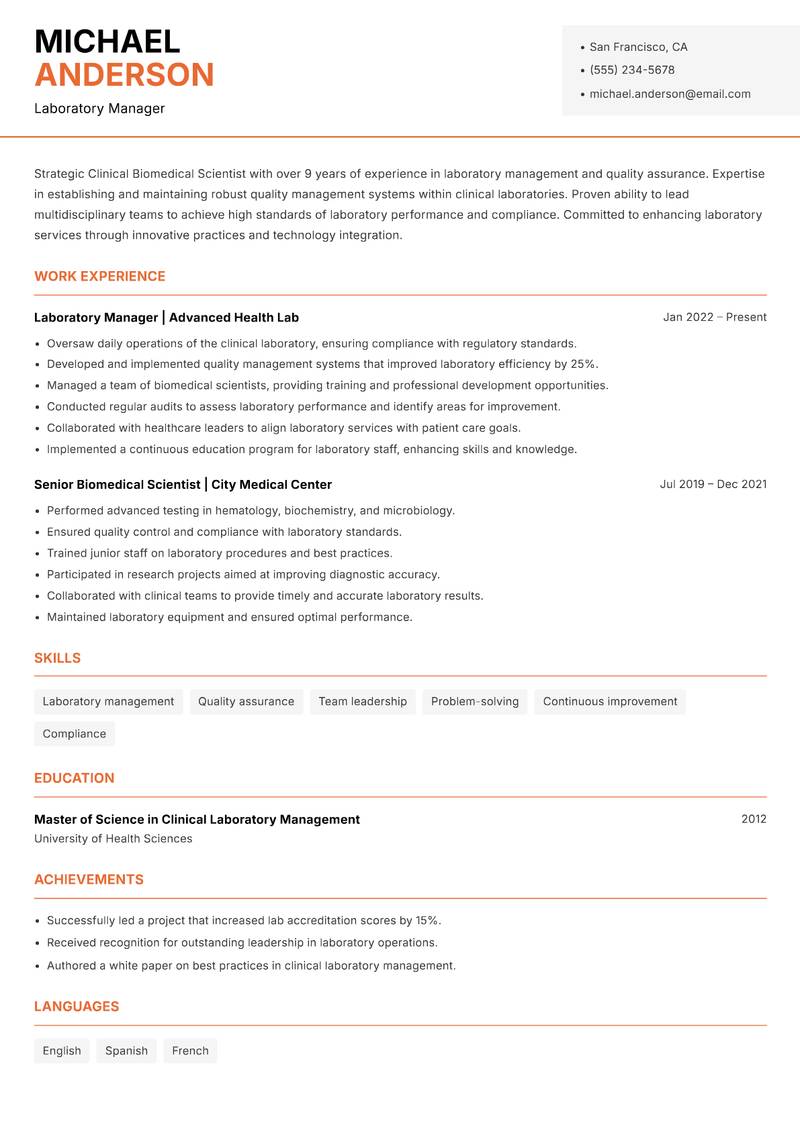 Clinical Biomedical Scientist Resume Template