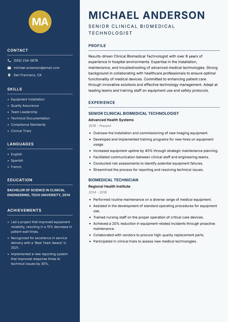 Clinical Biomedical Technologist Resume Preview Example