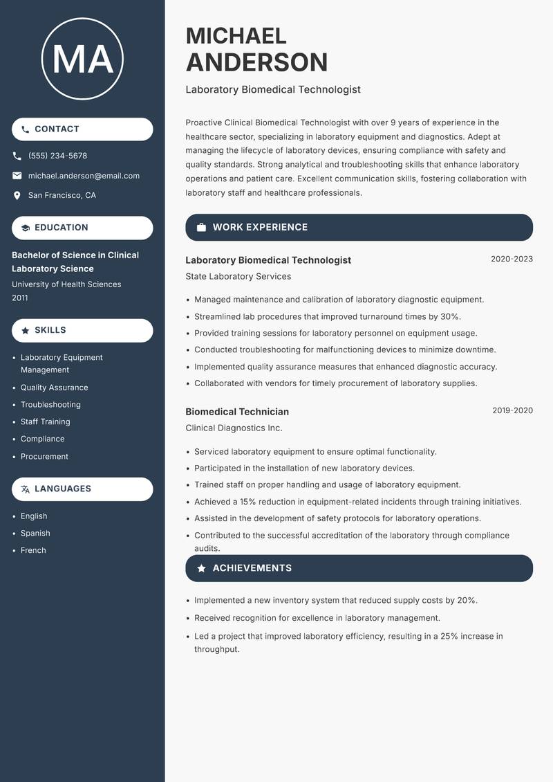 Clinical Biomedical Technologist Resume Preview Example