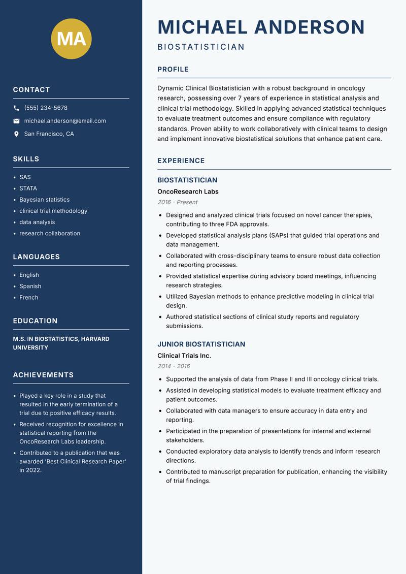 Clinical Biostatistician Resume Preview Example