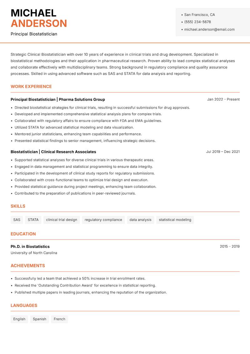 Clinical Biostatistician Resume Template