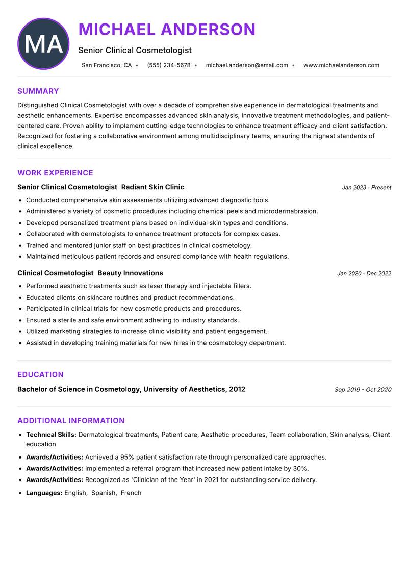 Clinical Cosmetologist Resume Preview Example
