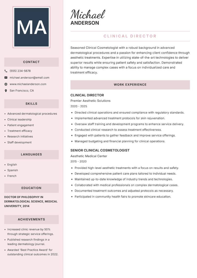 Clinical Cosmetologist Resume Preview Example
