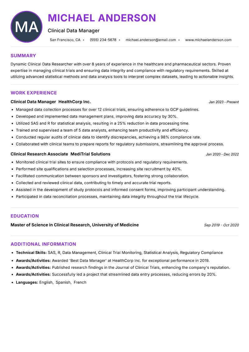 Clinical Data Researcher Resume Preview Example