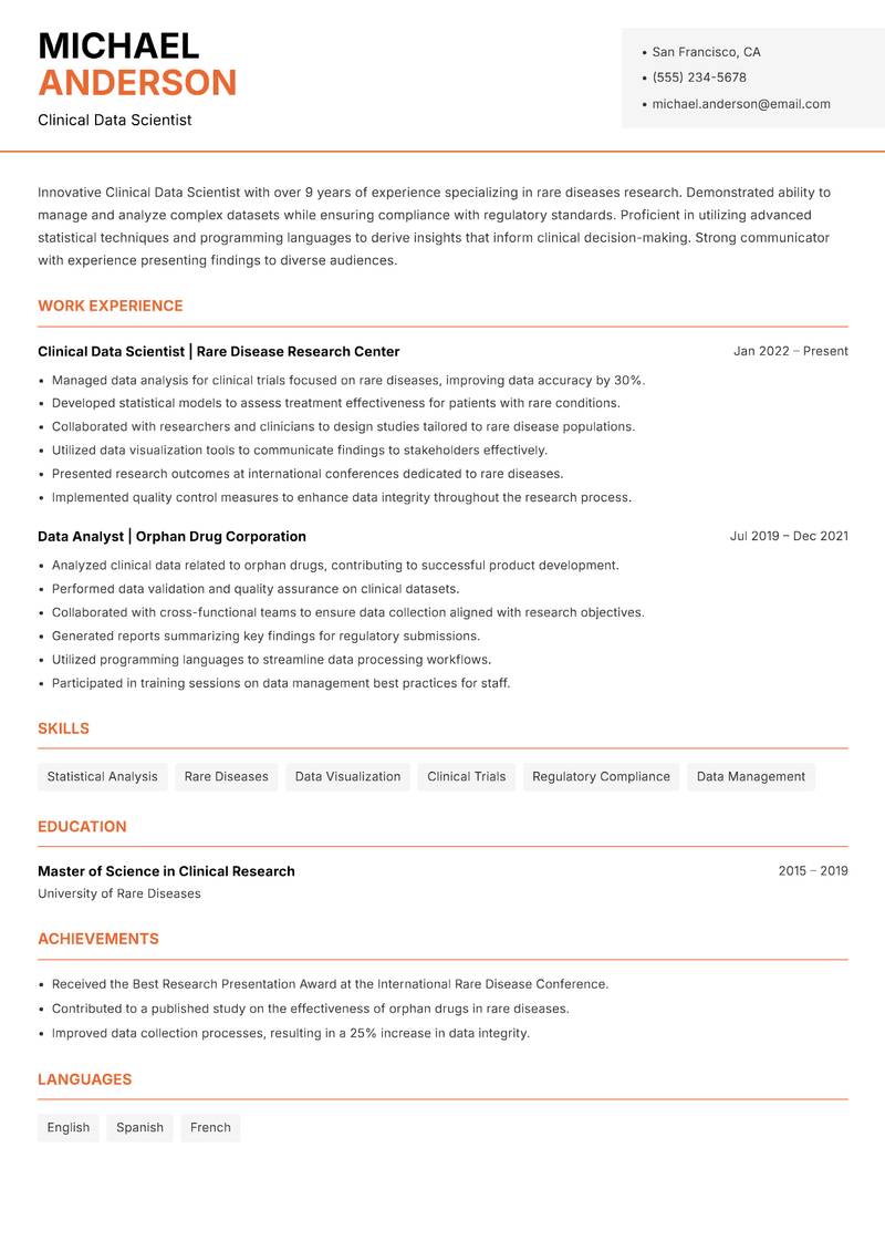 Clinical Data Scientist Resume Template
