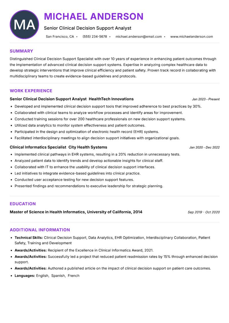 Clinical Decision Support Specialist Resume Preview Example