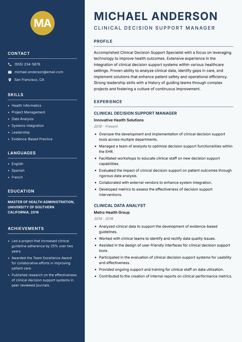 Clinical Decision Support Specialist Resume Preview Example