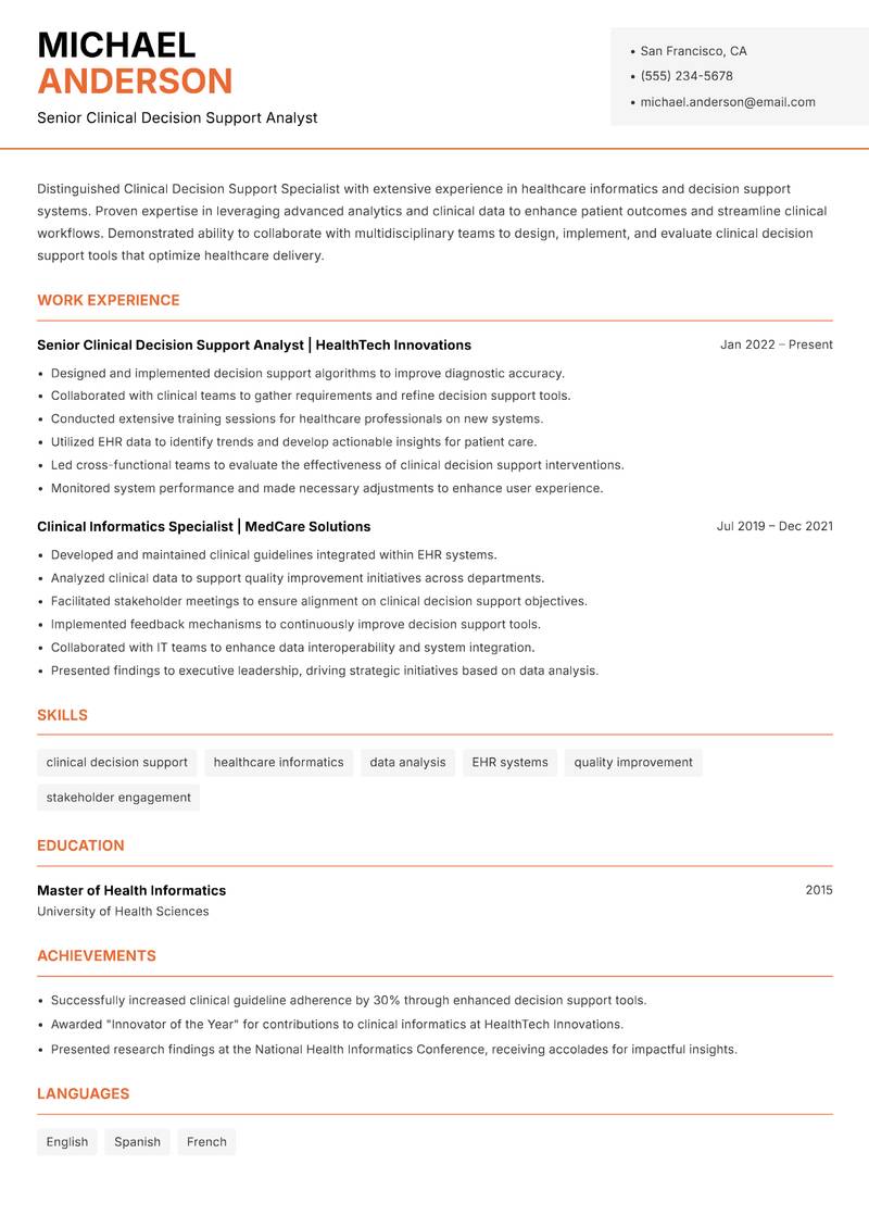 Clinical Decision Support Specialist Resume Template