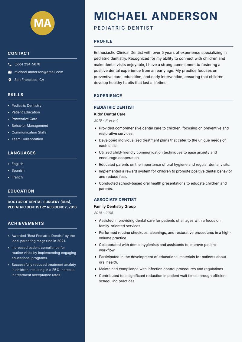 Clinical Dentist Resume Preview Example