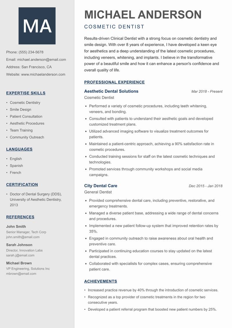 Clinical Dentist Resume Preview Example