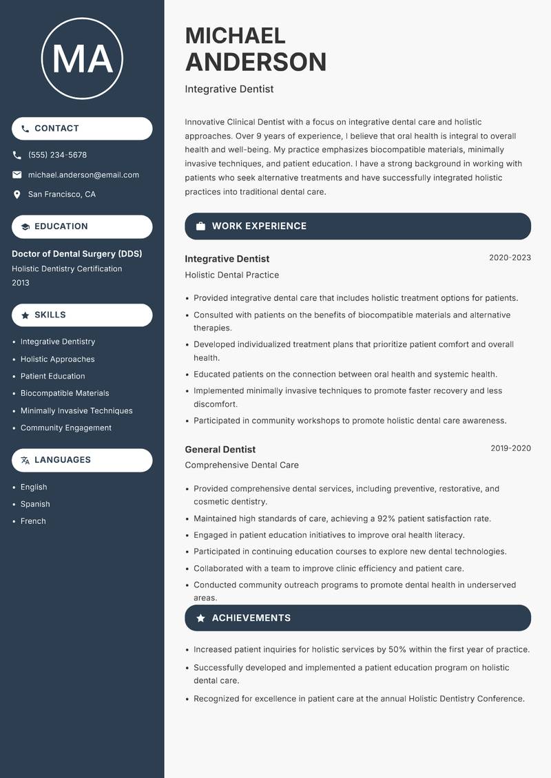 Clinical Dentist Resume Preview Example