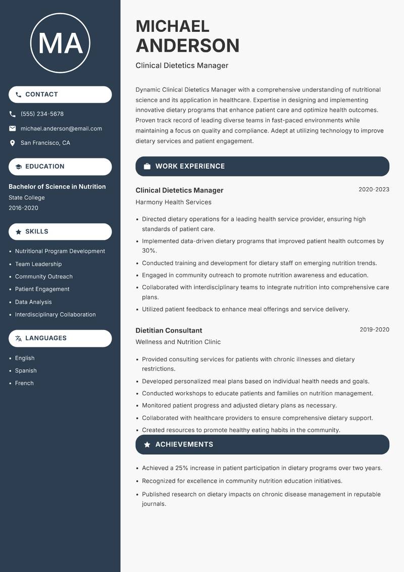 Clinical Dietetics Manager Resume Preview Example