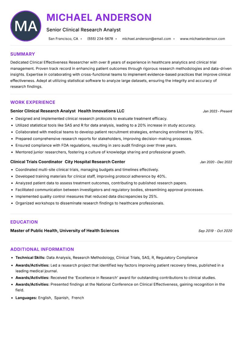 Clinical Effectiveness Researcher Resume Preview Example
