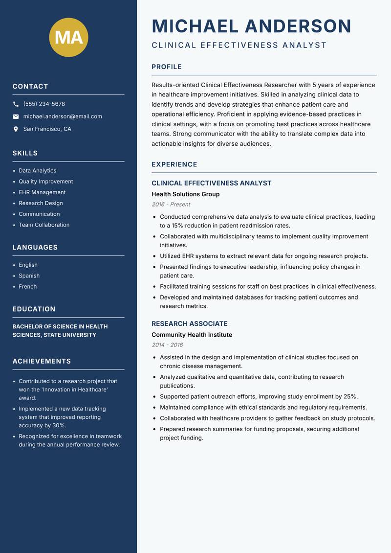 Clinical Effectiveness Researcher Resume Preview Example