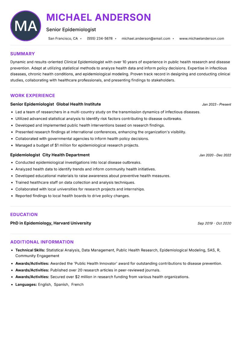 Clinical Epidemiologist Resume Preview Example