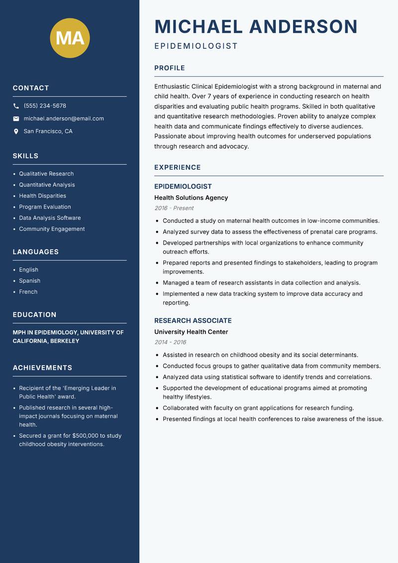 Clinical Epidemiologist Resume Preview Example