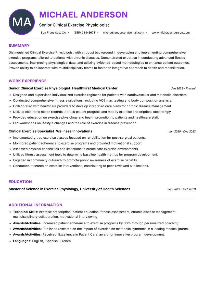 Clinical Exercise Physiologist Resume Preview Example