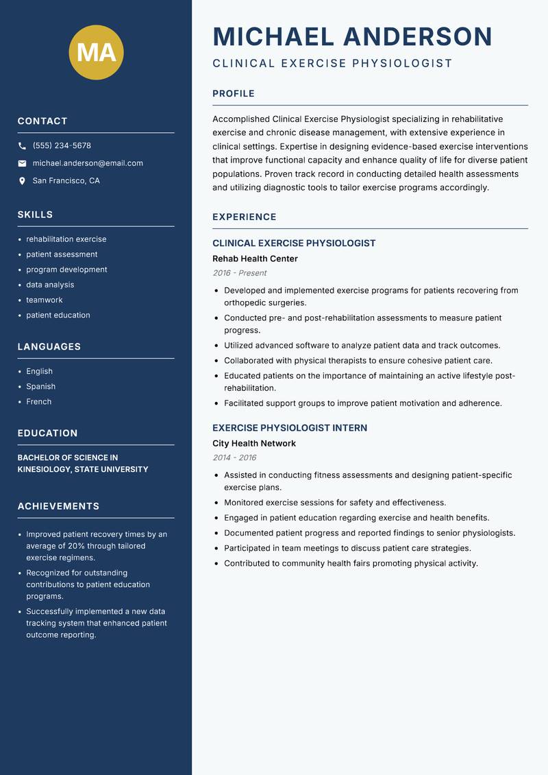 Clinical Exercise Physiologist Resume Preview Example
