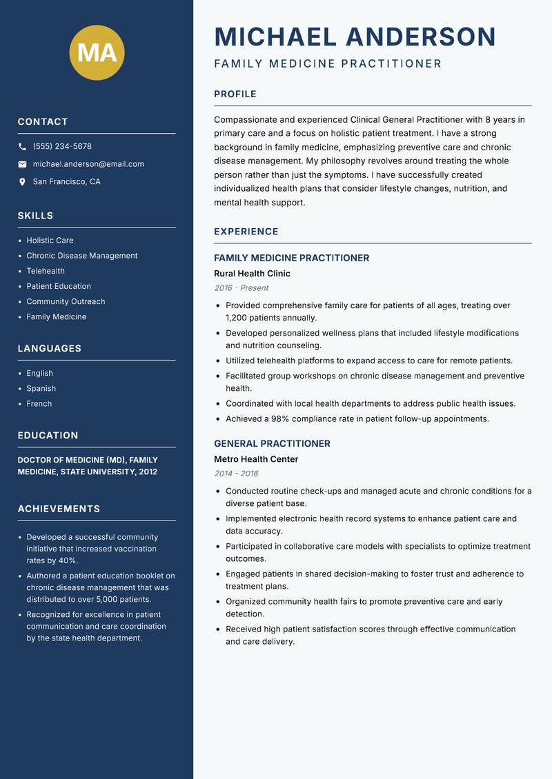 Clinical General Practitioner Resume Preview Example