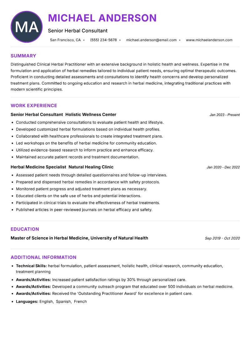 Clinical Herbal Practitioner Resume Preview Example