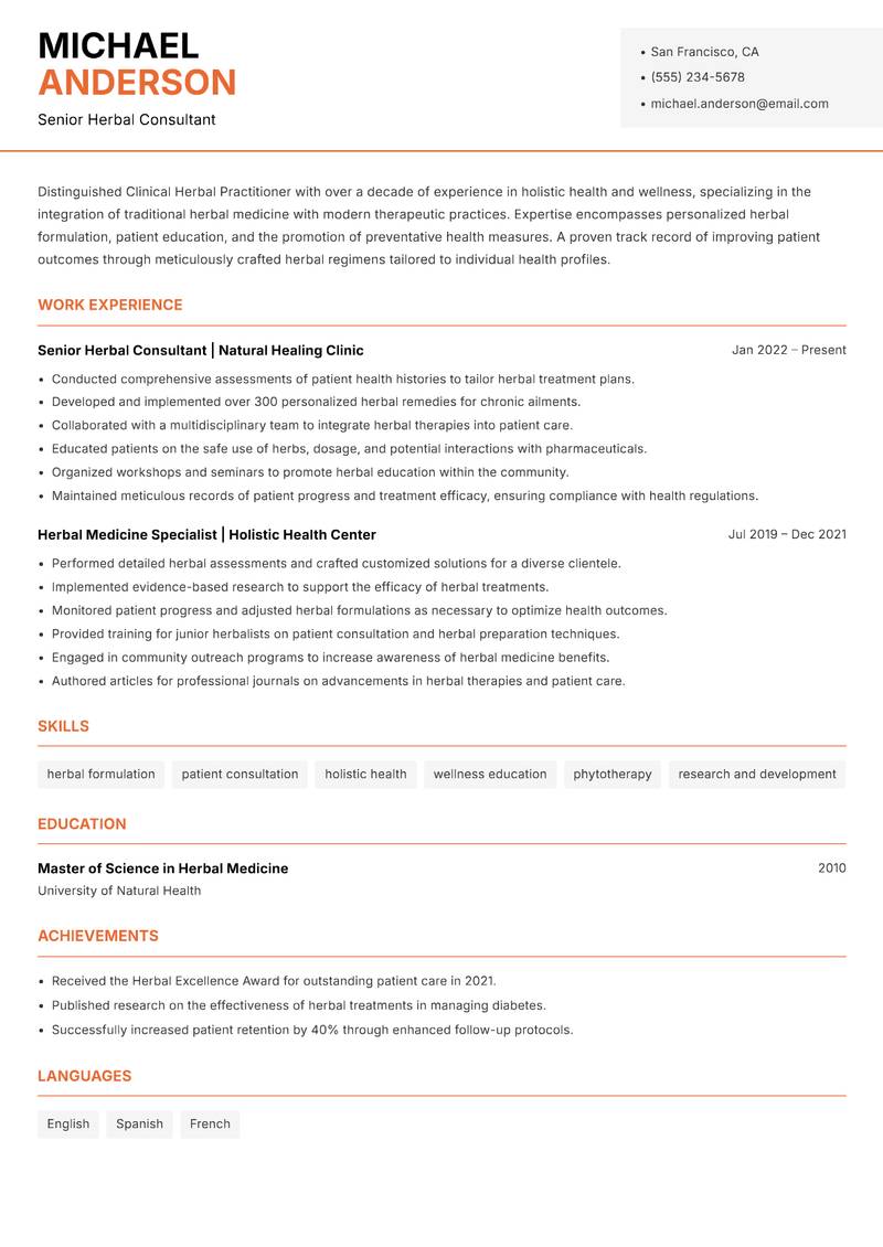 Clinical Herbal Practitioner Resume Template