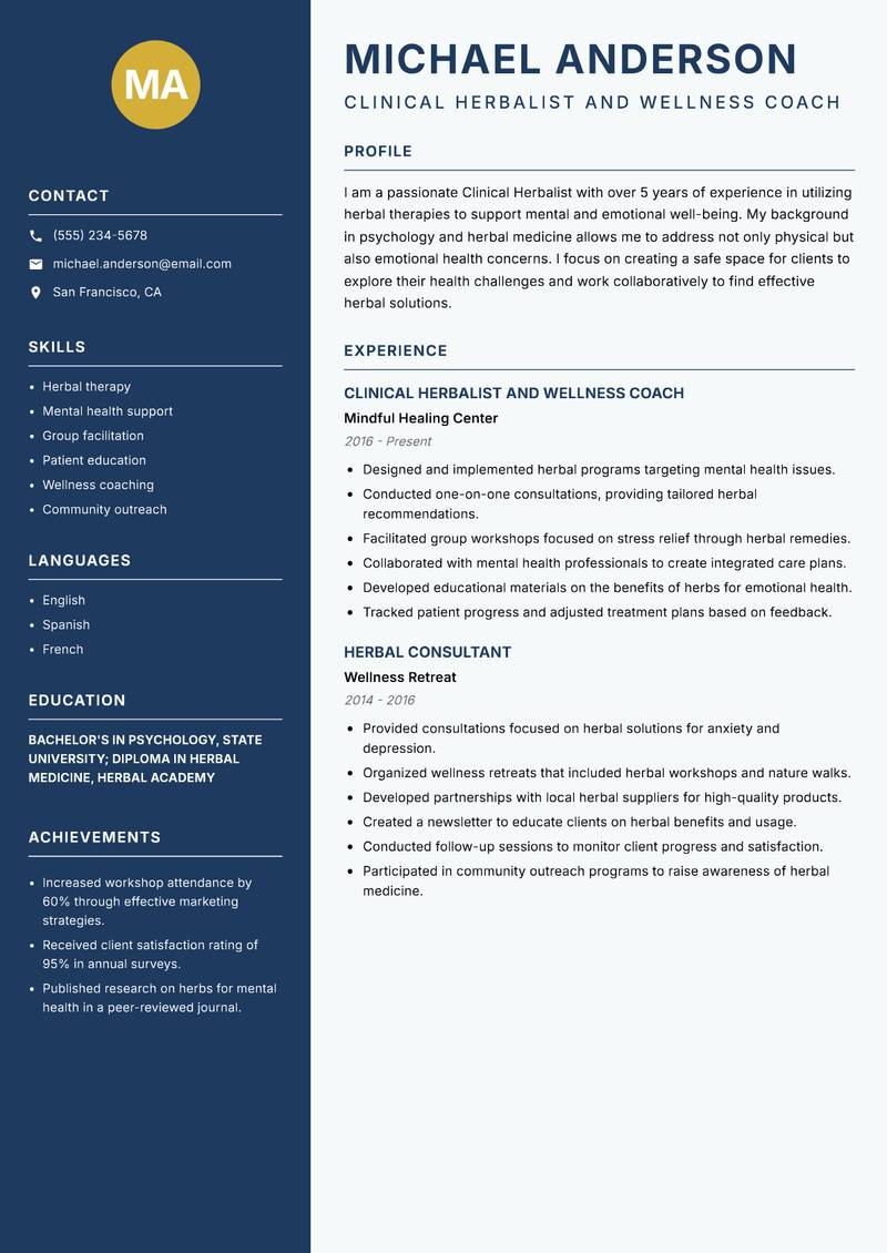Clinical Herbalist Resume Preview Example