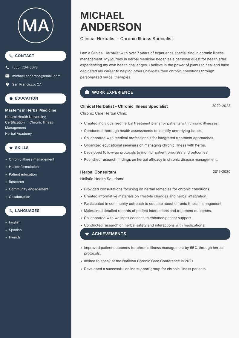 Clinical Herbalist Resume Preview Example