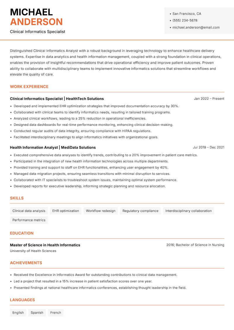 Clinical Informatics Analyst Resume Template