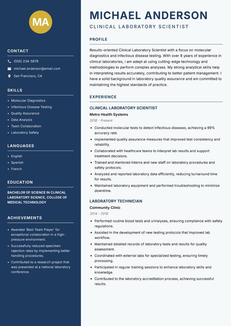 Clinical Laboratory Scientist Resume Preview Example