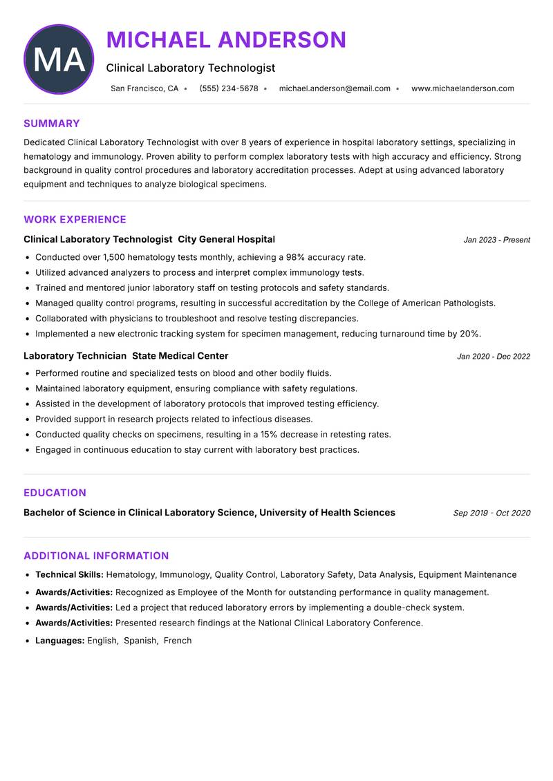 Clinical Laboratory Technologist Resume Preview Example