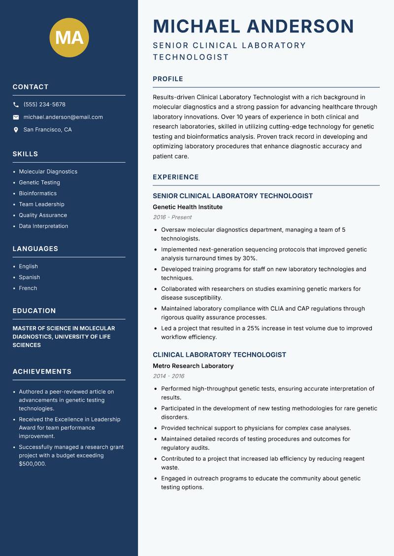 Clinical Laboratory Technologist Resume Preview Example